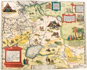 Russiae, Moscoviae and Tartariae descriptio.Auctore Antonio Ienkensono Anglo, edita Londini anno 1562 Abraham Orteliusの "Theatrum Orbis Terrarum "からのロシア領土の地理地図（Oertel, Ortell or Ortel 作： Abraham Ortelius
