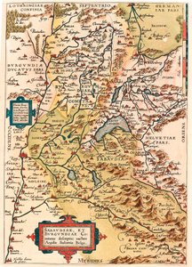 Sabaudia et Burgundiae Comitus 説明 アブラハム・オルテリウス（Oertel, Ortell or Ortel）の『Theatrum Orbis Terrarum』に掲載されたブルゴーニュとサヴォイの領土（ポンタリエ、ディジョン、レーマン湖、スイス）の地理地図です。