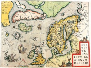 Septentrionalium Regionum Descrip.アブラハム・オルテリウスの「Theatrum Orbis Terrarum」に掲載されているスカンジナビアと北欧の地理地図（Oertel, Ortell or Ortel 作： Abraham Ortelius