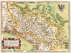 Silesia Typus Descriptio and Descriptus et editus Martino Heilwid Neilsense, and Nobili viro Nicolao Rhedinger dedicatus Anno 1561 エイブラハム・オルテリウスの "Theatrum Orbis Terrarum "から、ポーランドに近いドイツのフランクフルト以南の領土を描いた地理地図( 作： Abraham Ortelius