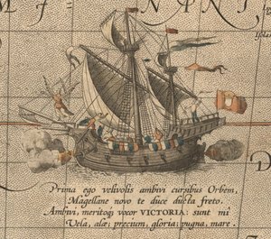 ビクトリア、スペインのキャラック、フェルディナンドマゼランアルマダデモルッカの船。 Aus Maris Pacific 作： Abraham Ortelius