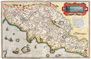 Thusciae.Descriptio auctore Hieronymo Bellamarto Abraham Orteliusの "Theatrum Orbis Terrarum "からイタリアのトスカーナ地方の領土を描いた地理地図（Oertel, Ortell or Ortel