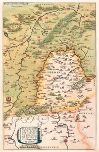 Veromanuorum Eorum que Confinium Accurssima Descript アブラハム・オルテリウス（Oertel, Ortell or Ortel）の「Theatrum Orbis Terrarum」から、ガリア（フランス）のヴェルマンドワとピカルディの領土を描いた地理図です。 作： Abraham Ortelius