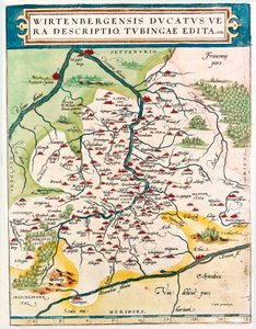Wirtenbergensis Ducatus Vera descriptio, Tubingae edita 1558年 Abraham Ortelius（Oertel, Ortell or Ortel）の「Theatrum Orbis Terrarum」から引用したドイツのバーデン・ヴュルテンベルク（Baden Wuerttemberg）領の地理地図。