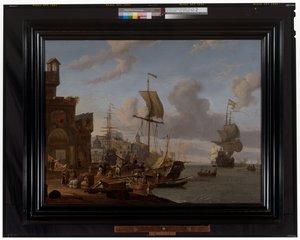 カプリッチョ地中海の港の風景と岸壁の商人たち 作： Abraham Storck