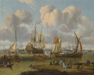 オランダ語：Schepen op het IJ voor Amsterdam アムステルダム沖の海運と岸壁の数字 作： アブラハム・ストーク