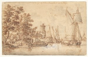 城と船のあるライン川の風景 作： Abraham Storck