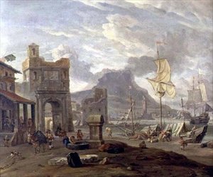 大小の船が行き交う海港 作： Abraham Storck