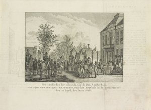 街の鍵をルイ ナポレオンに贈る、1808 年 アムステルダム市から国王陛下への鍵の提供、ディーマーメールのレグタイスの前で。 1808 年 4 月 20 日 (オブジェクトのタイトル) 作： Abraham Vinkeles