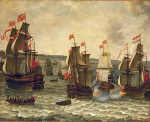 オランダ船とイギリス船の海戦、第一次英蘭戦争（英蘭戦争）1652-1654年のエピソード。アブラハム・ウィラエルツ（1603-1669）作、木に油彩。