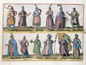 1581年にアントワープで出版された「ヨーロッパ、アジア、アフリカ、アメリカのさまざまな国の衣装」からの16世紀のハンガリーとポーランドの軍事服