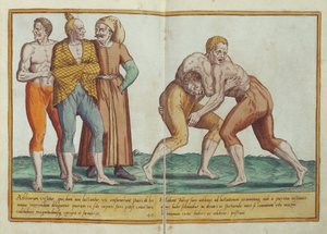 1577年にケルンで出版されたトルコのレスリング、16世紀のOmnium Poene Gentium Imaginesの衣装（手描きの彫刻） 作： Abraham de Bruyn