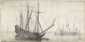 海岸近くの静水上の帆船 作： Abraham de Verwer (possibly)