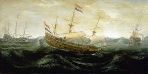 非常に乱れた海を進むオランダ船。風が押し寄せる中、帆を減らして航行する。アブラハム・デ・ヴェルヴェル（1585-1650年頃）作、1625年頃、銅に油彩。 作： Abraham de Verwer