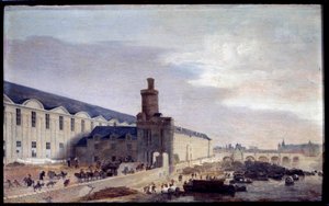 1640年頃のヌーヴ門とギャラリー・デュ・ルーヴルの眺め セーヌ川岸のルーヴル入り口。アブラハム・ド・ヴェルヴェル(1600-1650)の絵画 1640年 薄暗い。0.37 x 0.59 m パリ、カルナヴァレ美術館 作： Abraham de Verwer