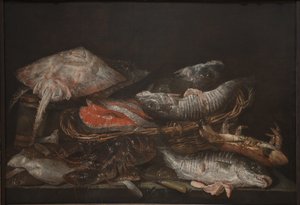 石のテーブルの上の魚のある静物