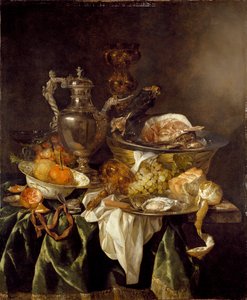 シルバーワインジャーとアーティストの反射肖像画のある静物、c1657