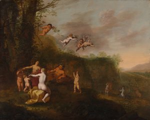 風景の中のバッカスとニンフ、おそらく1640年代。 作： Abraham van Cuylenborch