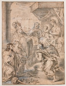 3 人の聖人が崇拝する玉座の聖母子 作： Abraham van Diepenbeeck