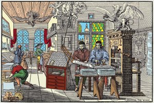 ドイツ・ニュルンベルクの印刷工場の内部：作業中の労働者たち（17世紀初頭） - Abraham van Werdtのグラビア。 作： Abraham van Werdt