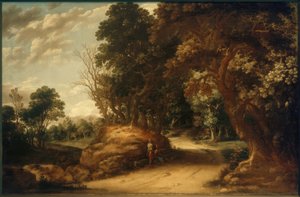 ハイカーが休む森の風景 作： Abraham van den Rande