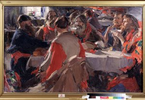 ティータイム（お茶を飲む）。 Abram Yefimovich Arkhipov (1862-1930) による絵画。 キャンバスに油彩、79 x 31 cm。 19世紀後半から20世紀初頭のロシア美術。 State B. Kustodiev Art Gallery、アストラハン（ロシア）。