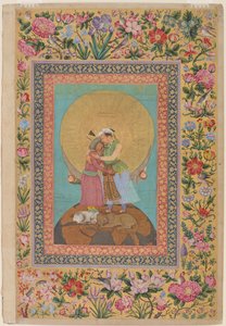 ジャハンギール皇帝とペルシャのシャーアバスの寓意的表現、サンクトペテルブルクアルバムのイラスト、c.1618（紙、WC、インク、シルバー、ゴールド）