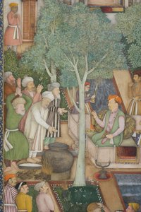 ジャハンギール皇帝の庭園にいる聖人との詳細、1615年頃（紙に不透明と金色） 作： Abul Hassan Ghaffari