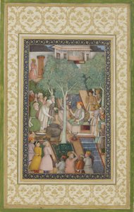 ジャハンギール皇帝と庭園の聖なる男たち、1615年頃（紙に不透明と金色） 作： Abul Hassan Ghaffari