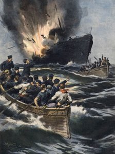 ドイツの蒸気船がシチリアとチュニジアの海岸の間で爆発した。乗組員はボートに乗って逃げる時間があった。Ill. de Beltrame.La Domenica del Corriere.06/1909. 作： Achille Beltrame