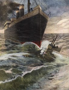 ドイツの大西洋横断船がドーバー沖でイギリス艦隊の潜水艦を転覆させて壊す - Beltrameのイラスト - "La Domenica del Corriere "1912年10月号 作： Achille Beltrame
