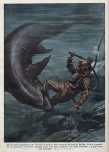 スカウトマンを連れた日本人ダイバーが、太平洋上でサメに食い殺された。1937年08月08日の "La domenica del corriere "に掲載されたAchille Beltrameのイラスト。 作： Achille Beltrame