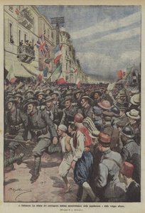 テッサロニキでは、人口と連合軍に大いに賞賛されたイタリア派遣団のパレード 作： Achille Beltrame
