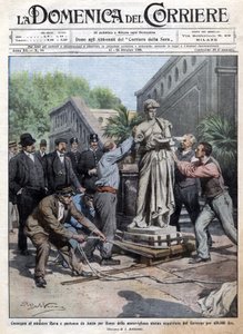 政府が45万リラで購入した彫像がローマに運ばれ、ラヴァ大臣に届けられる。イラストはベルトラメ。La Domenica del Corriere.10/1909.