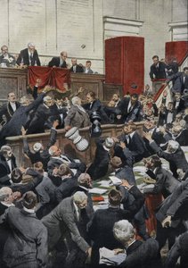 予算審議中のイタリア下院での嵐のような座り込み。キエーザ議員が投票箱を投げて投票を中断。"La Domenica del Corriere" 作： Achille Beltrame