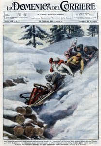 雪上の悲劇：シュタイアーマルク州のフォルデンブルクからの道中、ボブスレーが谷間で発見されました。運転手は木にぶつかって死亡しました。そりは、木が1本になるまで走り続けました。乗客のうち1人が死亡し、他の乗客は重傷を負った。 作： Achille Beltrame