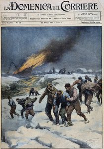 捕鯨船 "Viking "の爆発後、救助を求める乗組員の悲劇的な行進：この船（炎の中の水底）は映画のような探検をした-1931年3月29日の "la Domenica del Corriere "でのA.Beltrameによる評価 作： Achille Beltrame