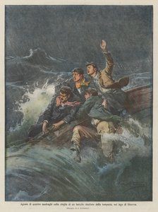 ジュネーブ湖の嵐で打ち倒された船のキールで難破した4人の苦悶 作： Achille Beltrame
