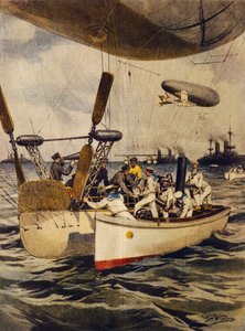 航海中の戦艦に補給する飛行船（イラスト：Achille Beltrame、イラストレーター：Achille Beltrame（1871-1945）、1910年5月5日付「La Domenica del Corriere」より 作： Achille Beltrame