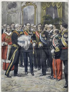 スペイン国王アルフォンソ13世（1886-1941）の息子アルフォンソ（1907-1938）（コバドンガ伯爵、アストゥリアス公）の贈呈式。アシール・ベルトラメによるデッサン、1907年のもの。