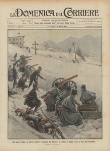 イタリアの門で、現在の合同作戦は、Gigno Sanの丘をGran San Bernardoに向かって守るための作戦です 作： Achille Beltrame