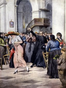 宗教的モラリズムの一例：若い女性が、その薄着のためにスキャンダルを起こした神父と信者に教会から追い出される。A. Beltrameの絵。"La Domenica del Corriere" 作： Achille Beltrame