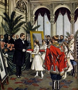 Quo Vadis? の著者の記念日、ワルシャワでのSinkieviczへの贈り物、Achille Beltrameのイラスト、La Domenica del Corriere、No.3、1月20日。 作： Achille Beltrame