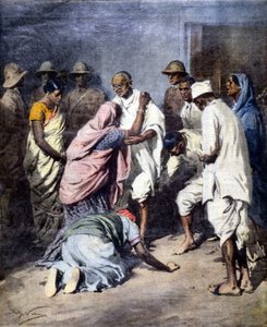 マハトマ・ガンジー（1869-1948）の逮捕。Ill. de Achille Beltrame.La Domenica del Corriere.1932 作： Achille Beltrame