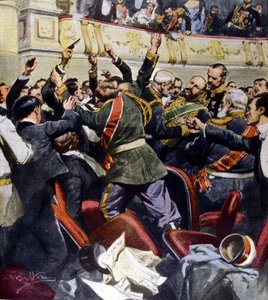 キエフ市内の劇場でロシア人大臣ストリーピンを襲撃。イラスト：ベルトラメ 作： Achille Beltrame
