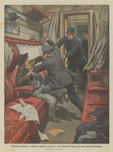 危険な冒険、旅行者がジェノヴァとヴェンティミリアを直結する1等車で夜襲 作： Achille Beltrame