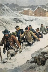 BELTRAME, Achilles (1871-1945).アオスタとスイスの間のセント・ベルナール峠を越えるイタリア人労働者たち。La Domenica del Corriere "の表紙。02/14/1904.リトグラフ。 作： Achille Beltrame