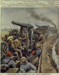 バルカン戦争（1912-1913）、コンスタンティノープルを救うための最後の努力として、兵員と物資をシアファルダ線に送る、12月1日 作： Achille Beltrame