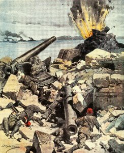 ダーダネルス海峡の戦い、英仏艦隊がダーダネルス海峡の砦を破壊して海峡を突破し、コンスタンティノープルに到着、Achille Beltrame（1871-1945）作、「La Domenica del Corriere」のイラスト、3月14日～21日 作： Achille Beltrame