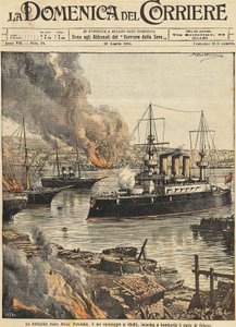 オデッサを砲撃する戦艦ポチョムキン（イラスト、Achille Beltrame）（1871-1945）（『ラ・ドメニカ・デル・コリエール』より 作： Achille Beltrame